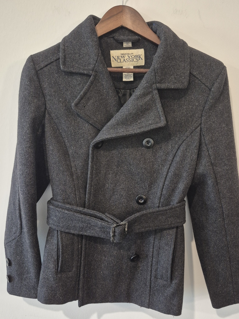 New York Classics Wool Blend Belted Peacoat Jacket Charcoal Gray XS
